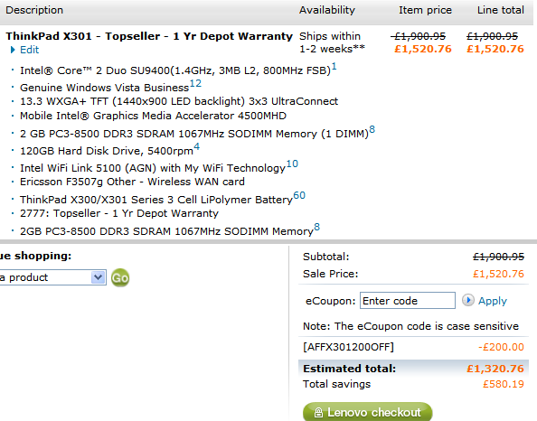 ThinkPad X301 DISCOUNT CODE 2009