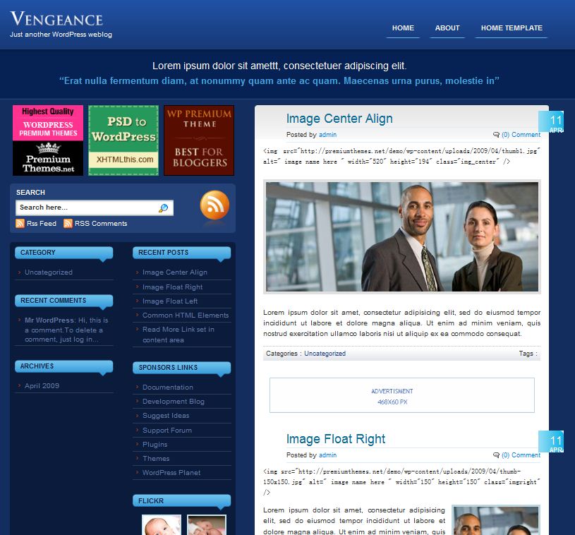 blue wordpress template vengance